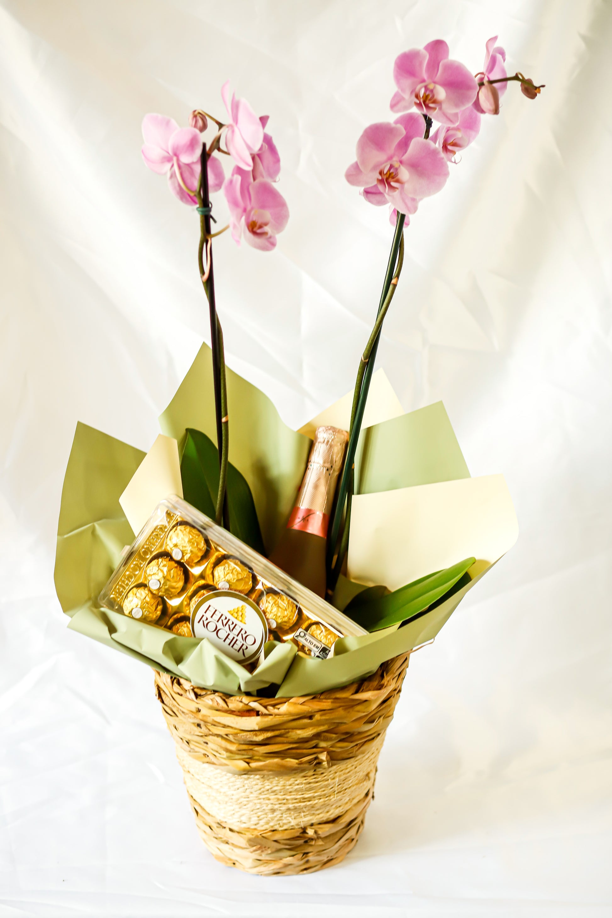 Orquidea, cachepô, espumante e chocolate