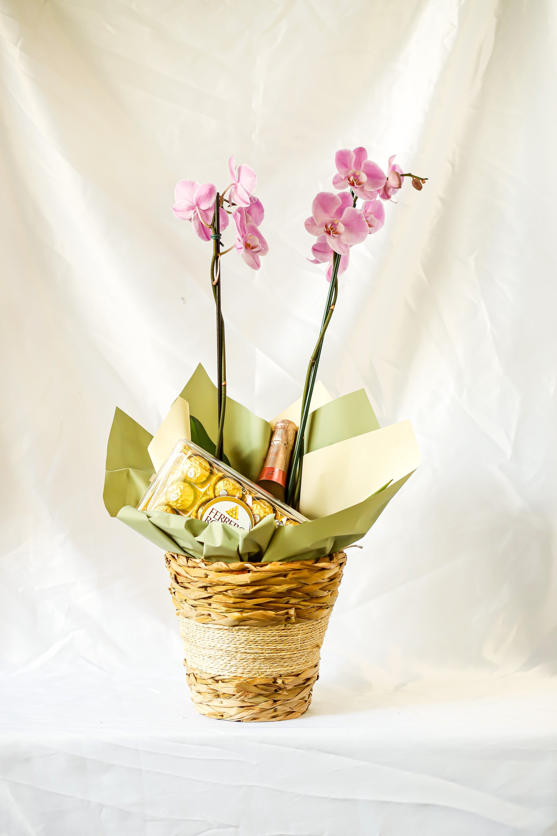 Orquidea, cachepô, espumante e chocolate