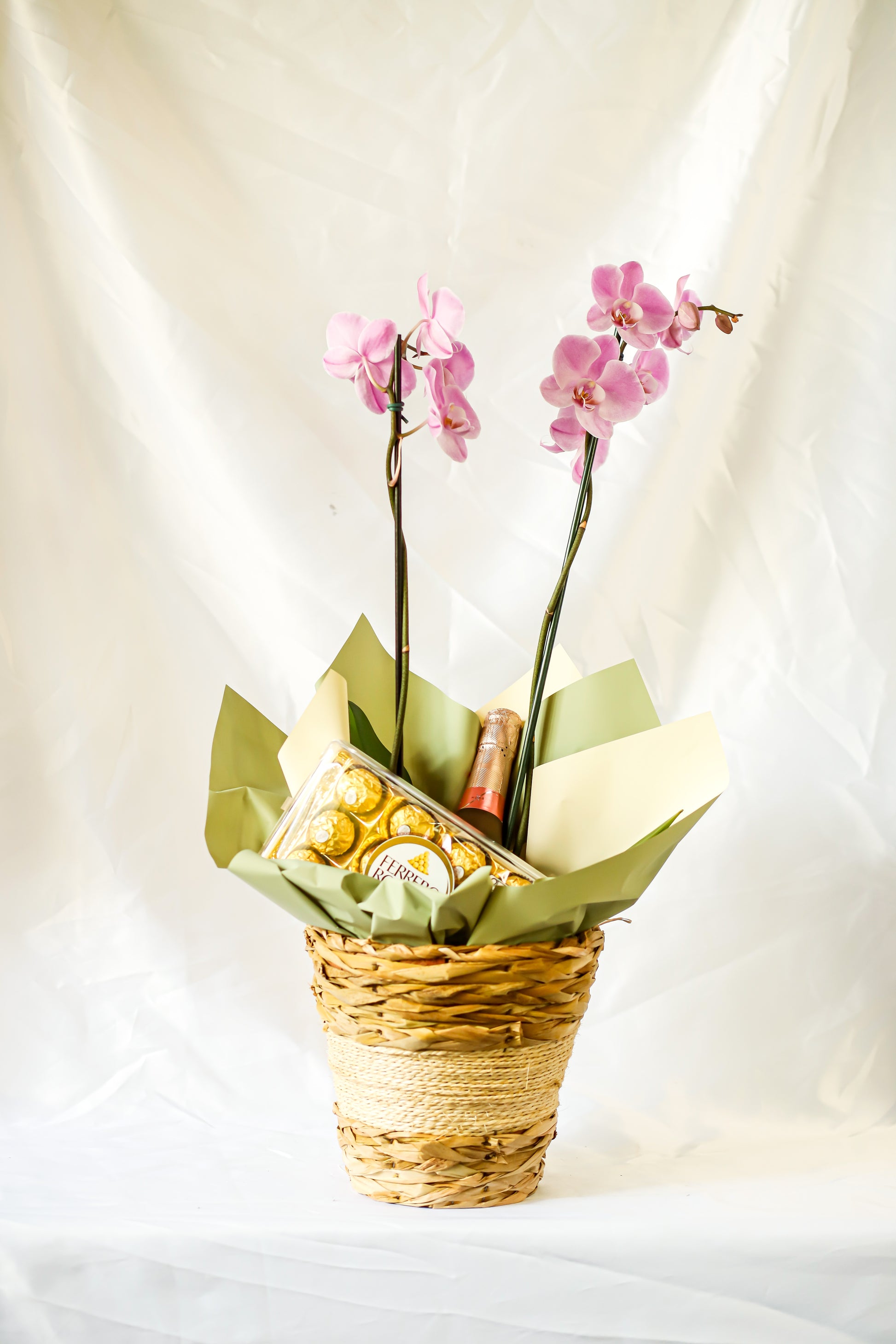 Orquidea, cachepô, espumante e chocolate