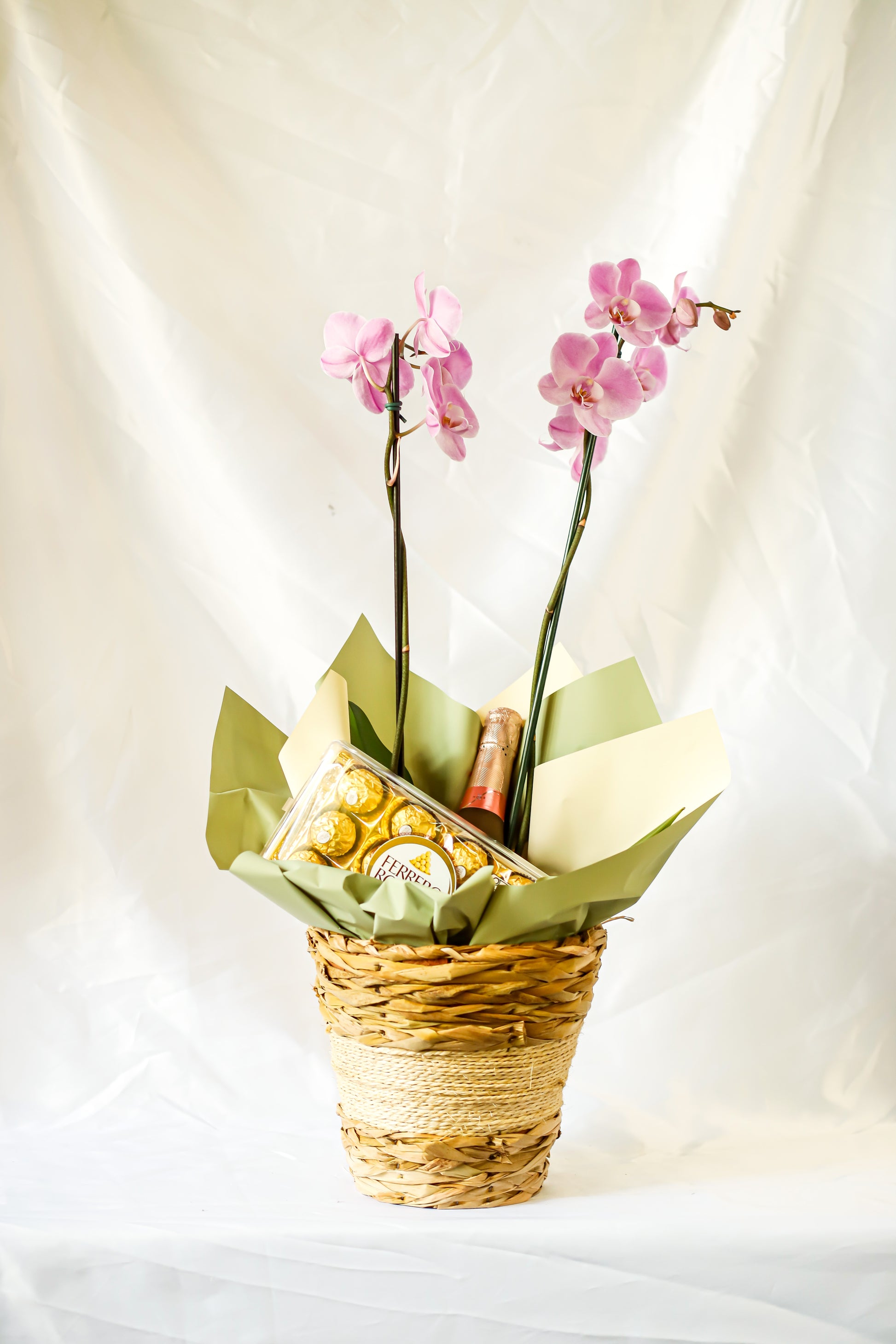 Orquidea, cachepô, espumante e chocolate