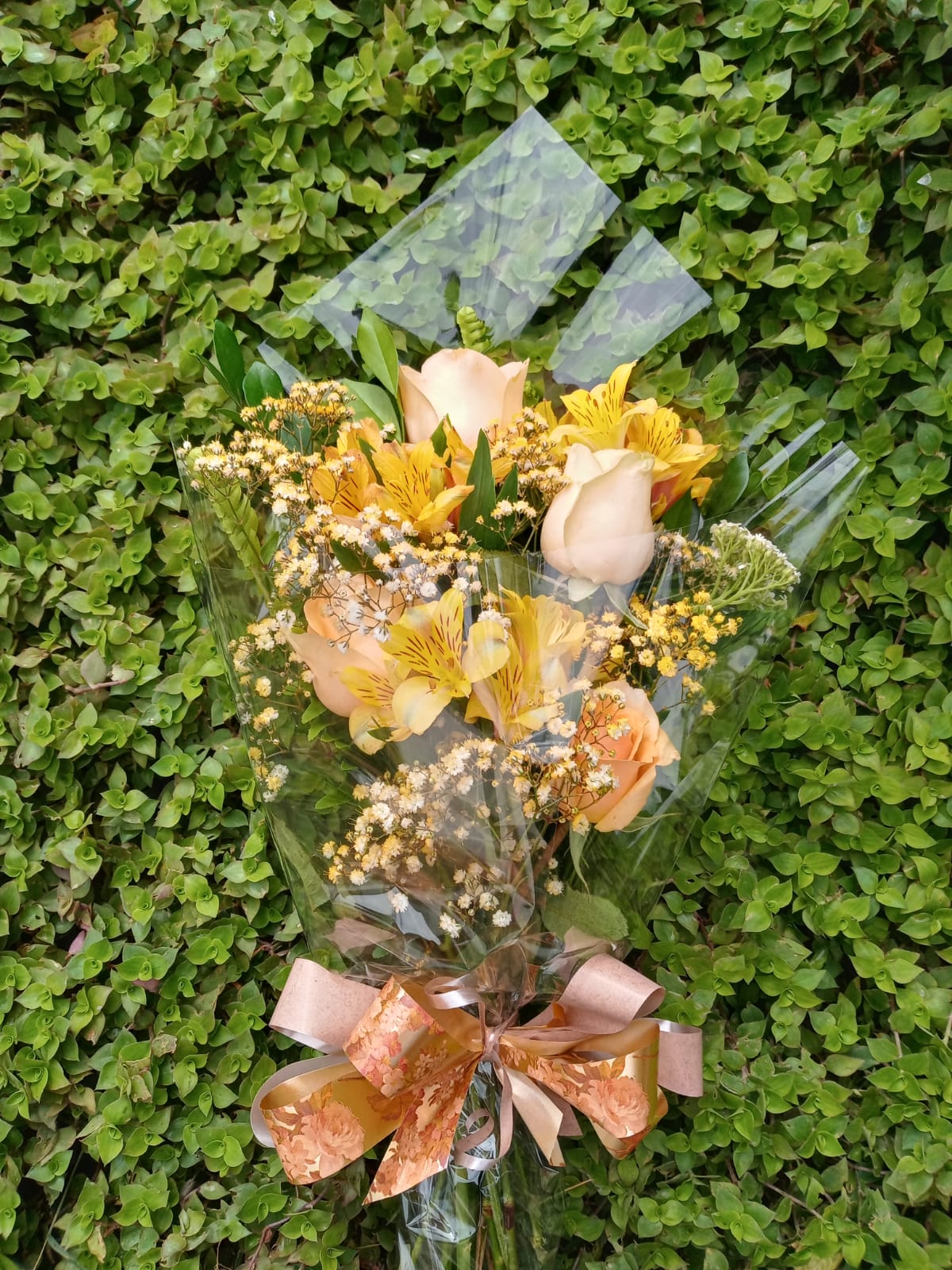 Arranjo com 4 Rosas Cor Champagne em Embalagem Transparente